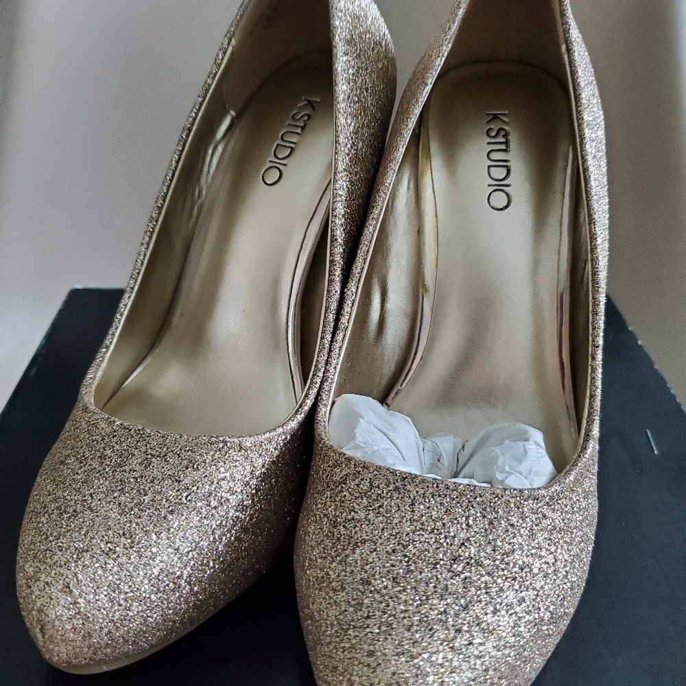 K-Studio gold glitter heels